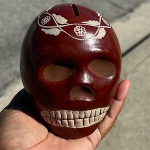 Peruvian Hand-painted Pottery Skull with Coin Slot